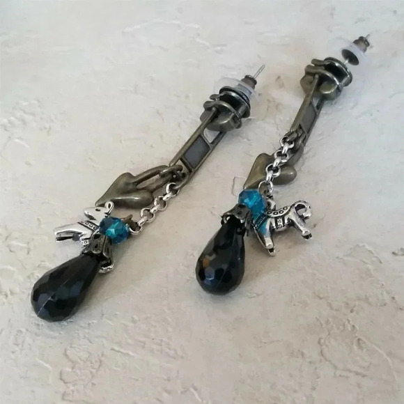 Fashion Jewelry Jewelry - Antique Brass Zipper and Heart Baubles Black Teal Blue Dangle Earrings